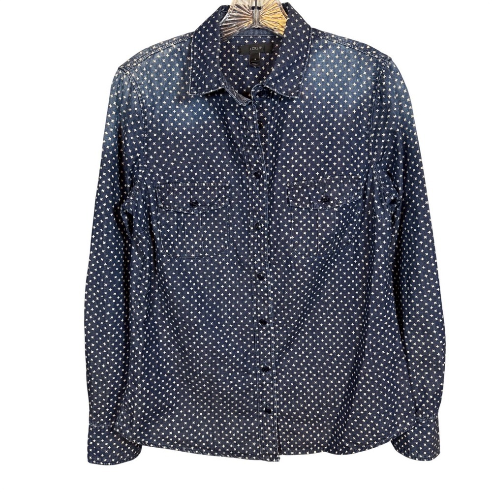 J.Crew Keeper Chambray Shirt, Washed Navy Blue, White Star Dot Print, Size 6